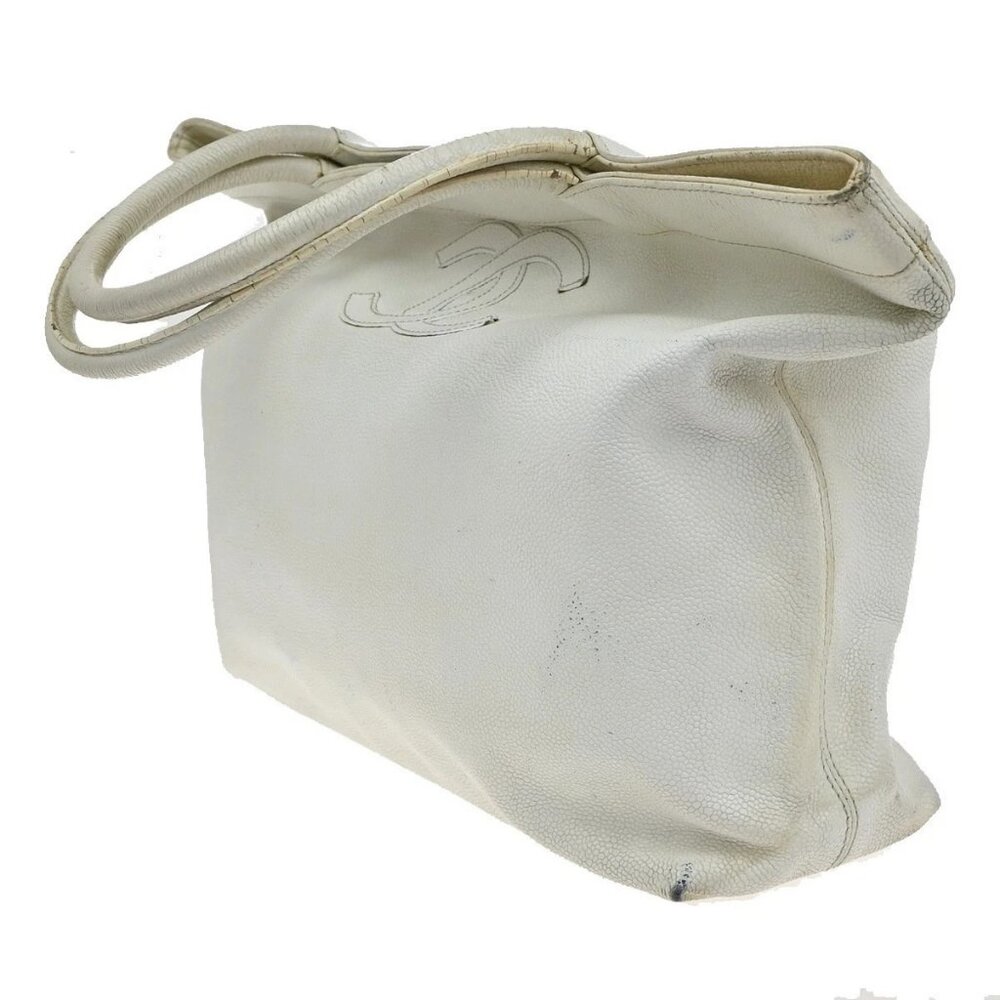 CHANEL CC Shoulder Hand Tote Bag Grained Calfskin Leather White Vintage 84KP139 - Picture 2 of 15